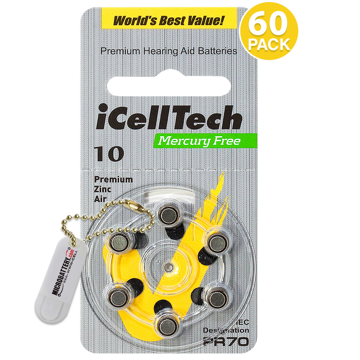 iCellTech Hearing Aid Batteries Size 10 (60 Pack) + Free Battery Buddy