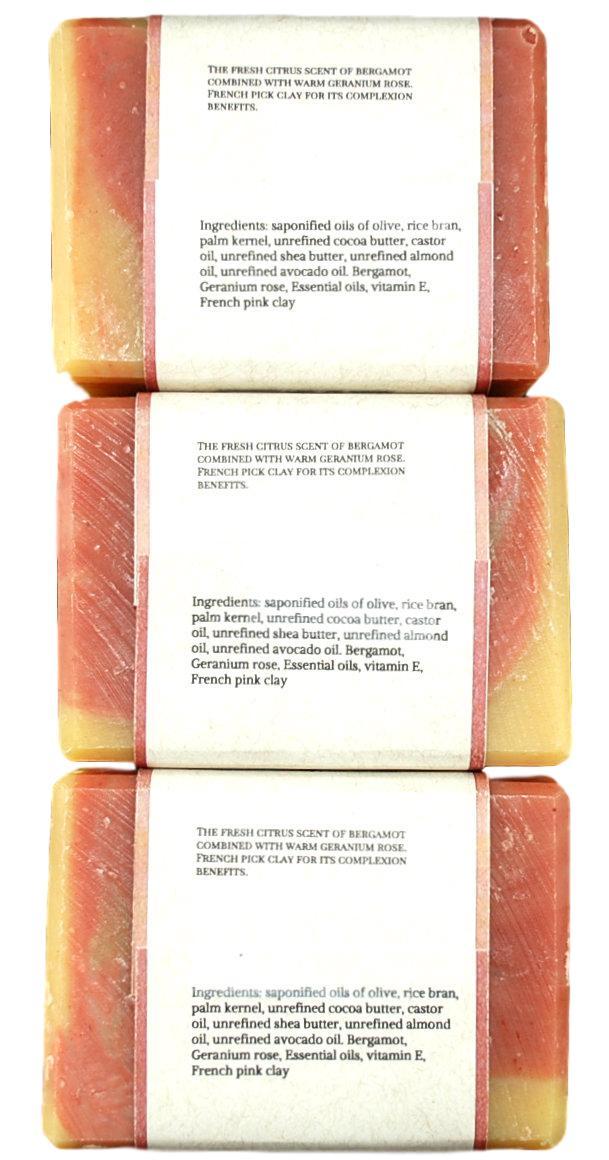 Bergamot Rose with French pink clay, All natural soap 3 bar pack.essential oils.