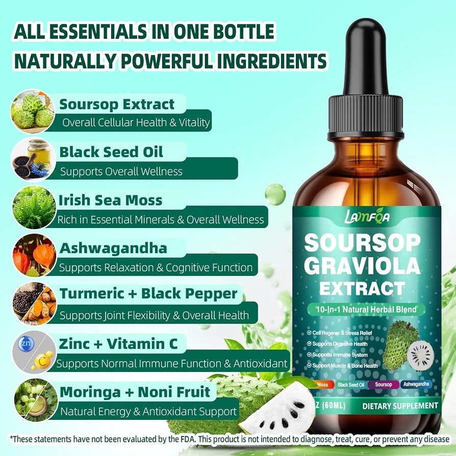 LAMFQA Soursop Herbal Blend Liquid 10-in-1 Vegan GMO & Sugar-Free 2 Oz Exp 11/27