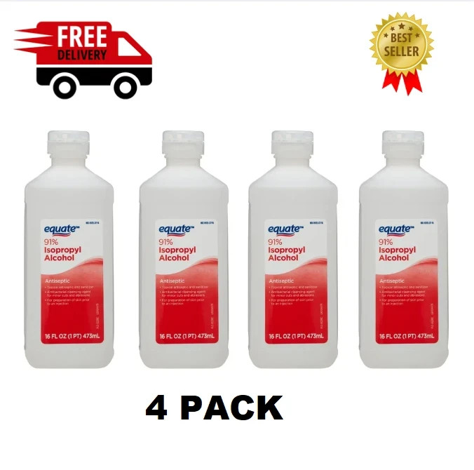 (4 Pack ) Antiseptic 91% Isopropyl Rubbing Alcohol Antibacterial 16 Oz