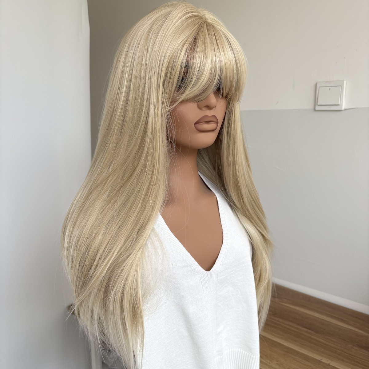 Long Straight Dress Up Wigs With Bangs Synthetic Hair Mixed blonde