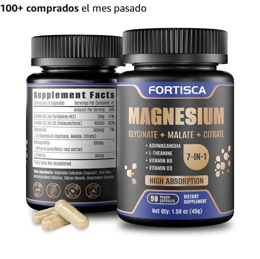 FORTISCA Magnesium 7-in-1 w/ D3 B6 Ashwagandha L-Theanine, 90 Capsules