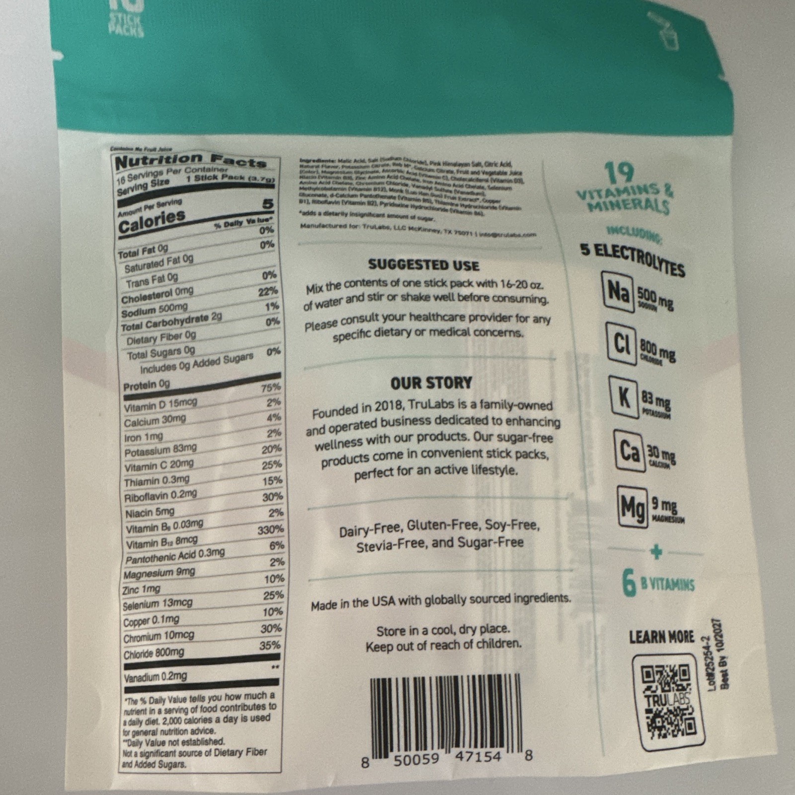 TruLabs Hydrate Electrolyte Drink Mix Strawberry Lemonade Sugar-Free 16 Packs