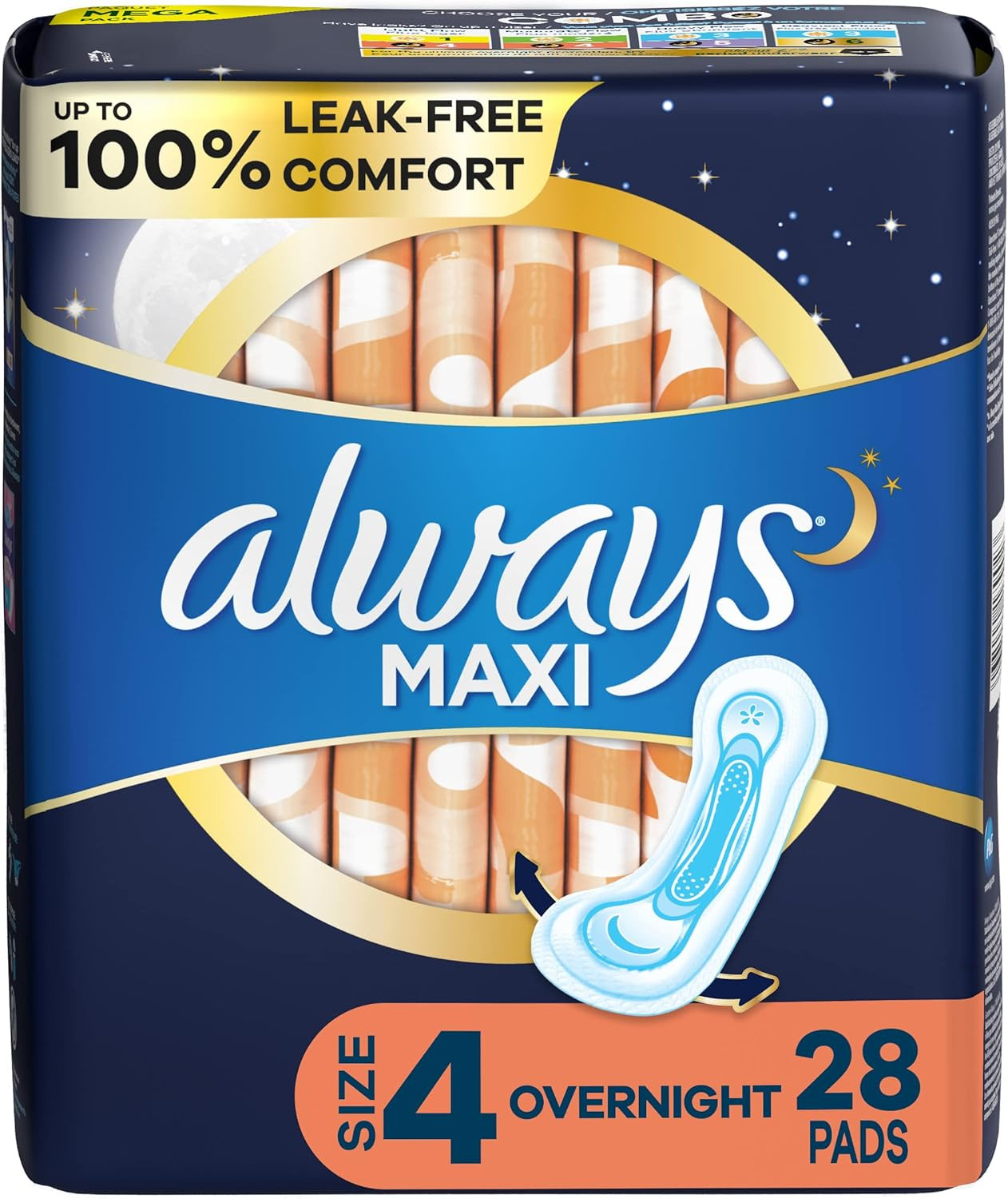 Maxi Feminine Pads for Women, Size 4 Overnight Absorbency, without Wings, Unscen