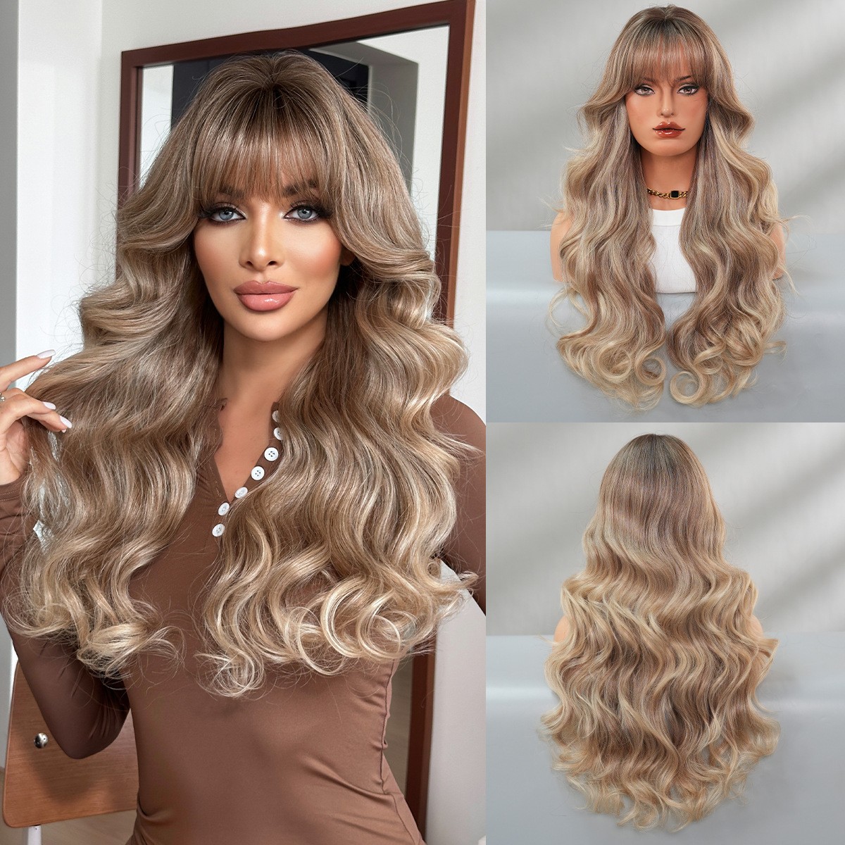 Natural Brown with Golden Highlights Long Wig with Full Bangs Simulated Scalp