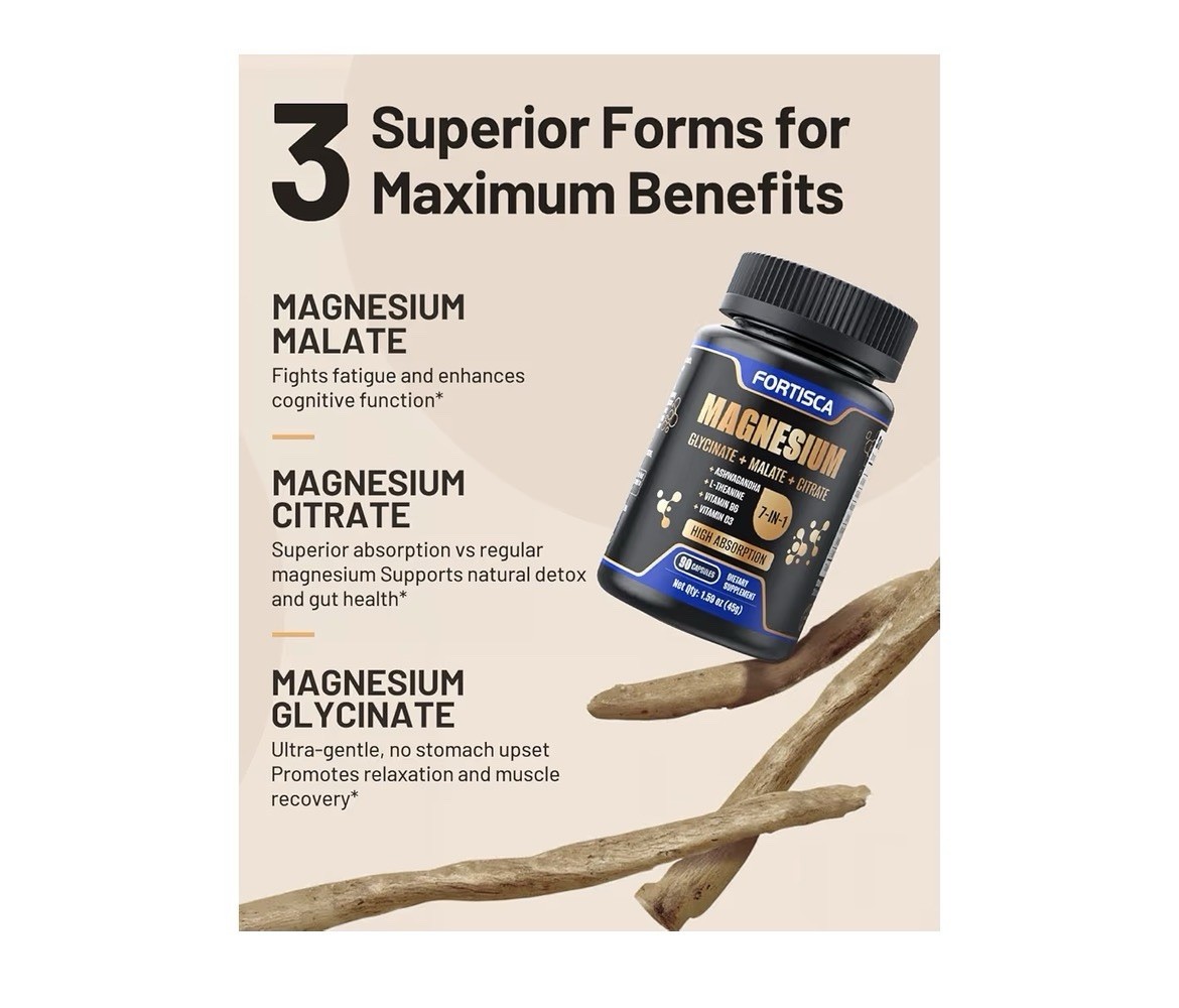 FORTISCA Magnesium 7-in-1 w/ D3 B6 Ashwagandha L-Theanine, 90 Capsules