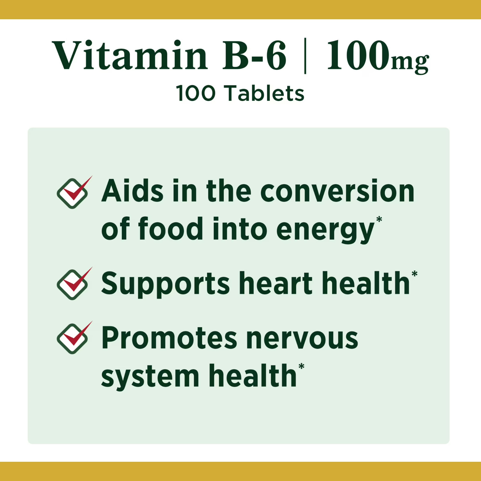 Nature’s Bounty Vitamin B-6 Tablets, 100 Mg, 100 Ct