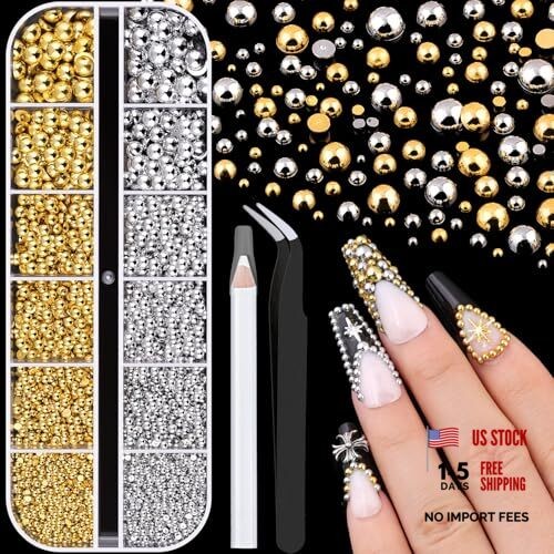 Silver and Gold Nail Charms and Gems, 1.5-5mm 04 Nail Pearls(Gold+Silver) Set 3