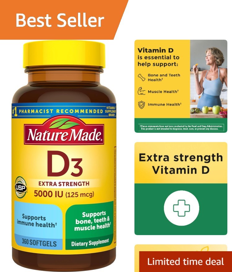 Extra Strength Vitamin D3 5000 IU Softgels – Support Bone, Immune & Overall H…