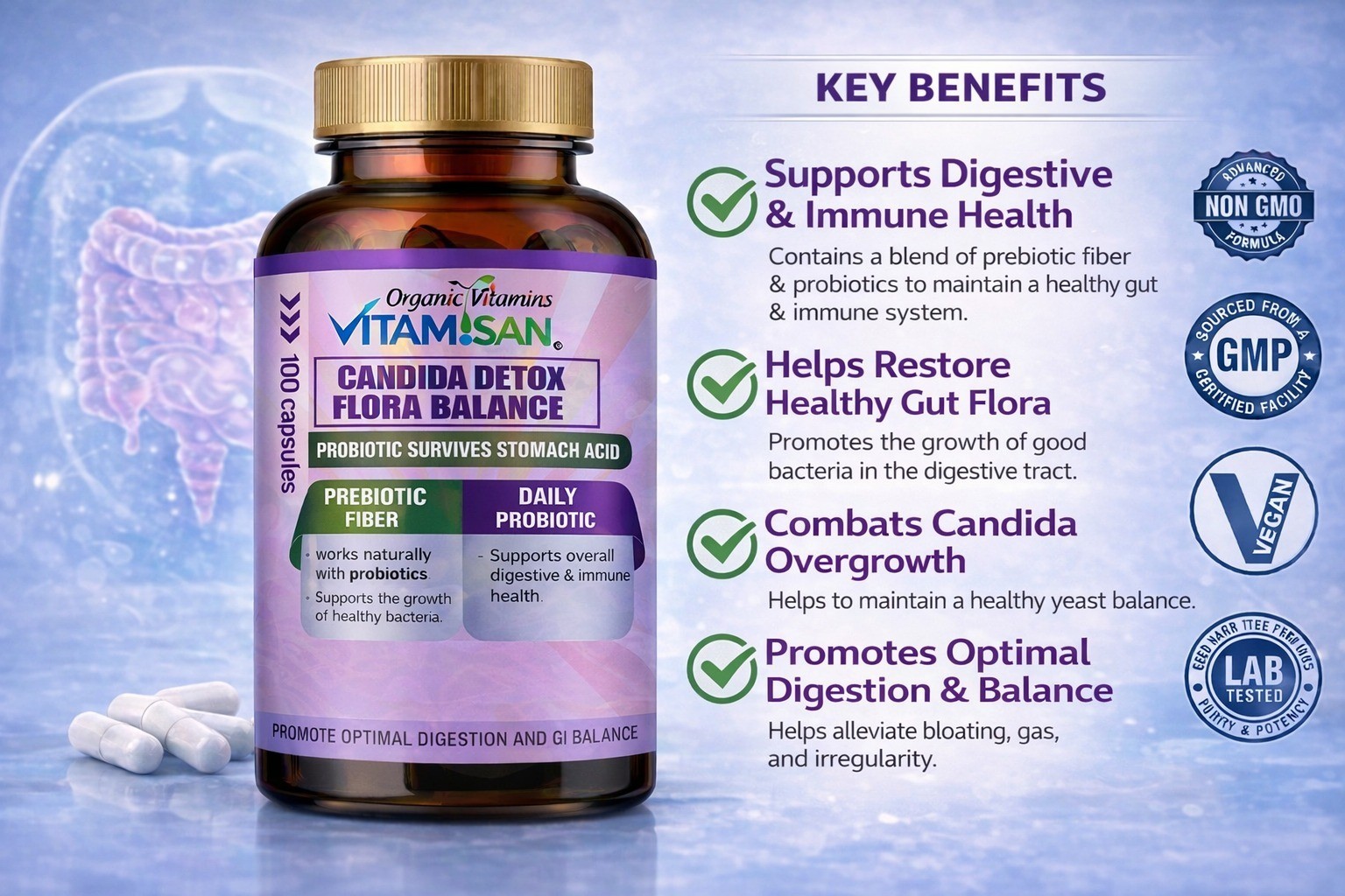 Candida Cleanse 100 Capsules Support Gut Colon Support Natural Herbs Intestinal