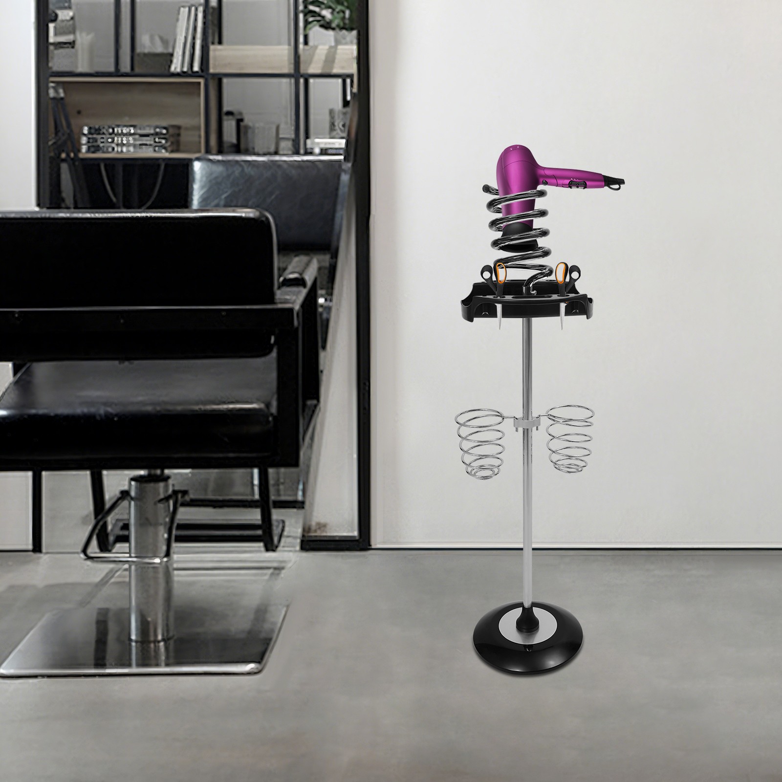 Hair Dryer Stand with Tray & Spiral Holders Freestanding Holder Hands-Free Black