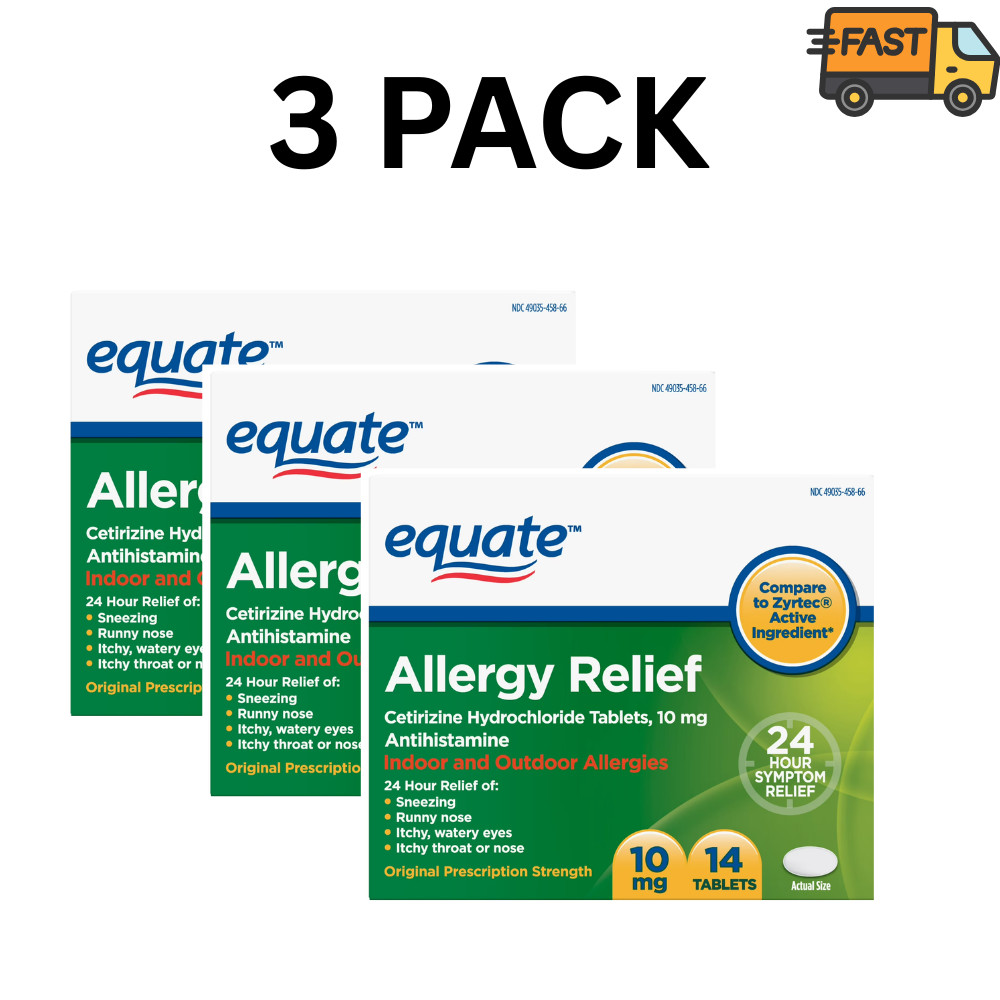 3 Pack Equate Cetirizine 10mg 24 Hour Allergy Relief 14 Tablets