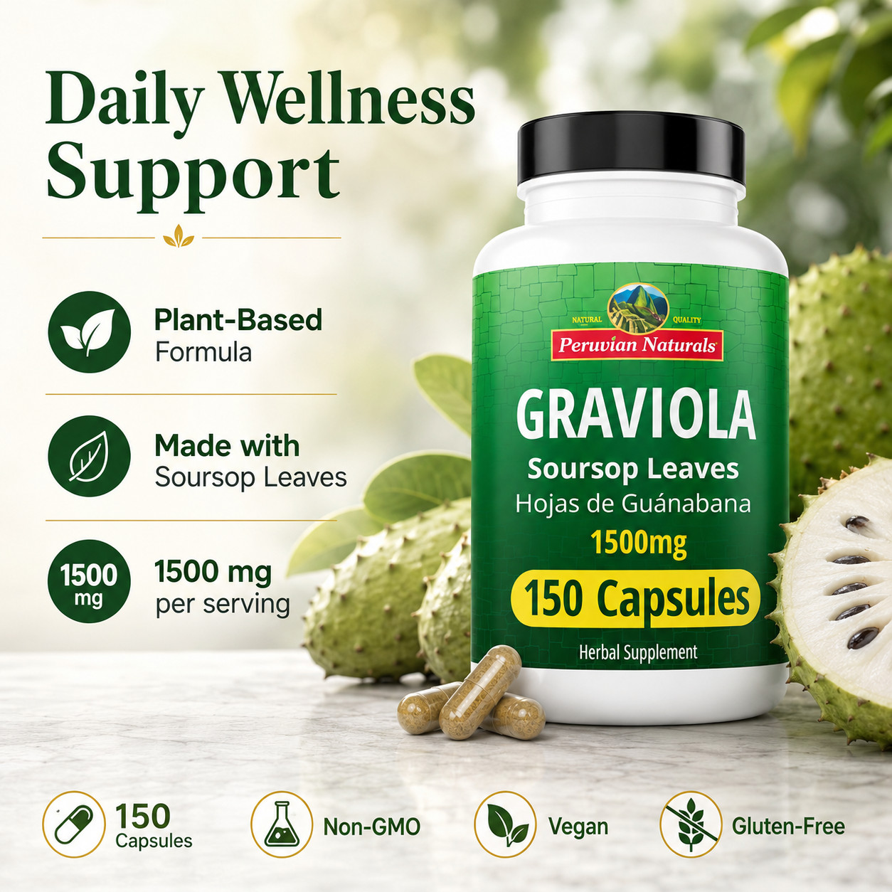 Graviola Soursop Capsules 1500mg Vegan – 100% Natural Hojas de Guanábana -Peru