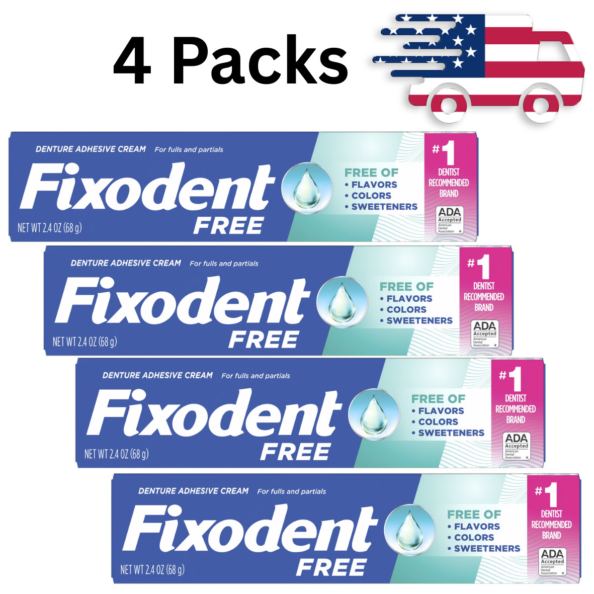 Fixodent Complete Free Denture Adhesive Cream, 2.4 oz, 4 Pack