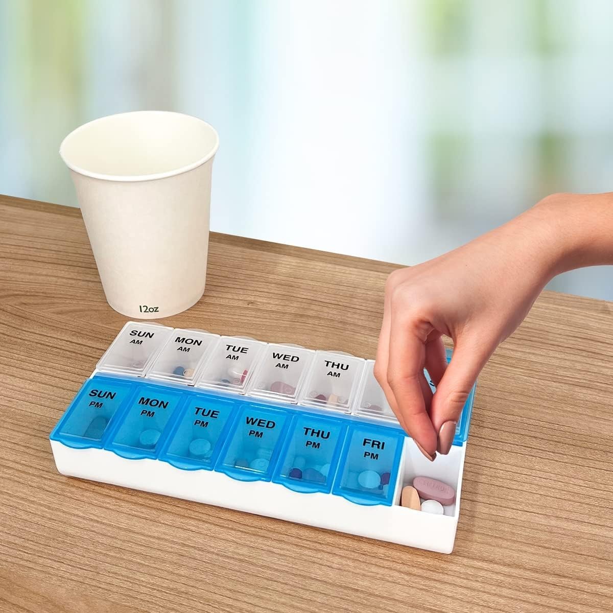 7-Day AM/PM Pill Organizer, Medication Planner with Large Compartments for Table