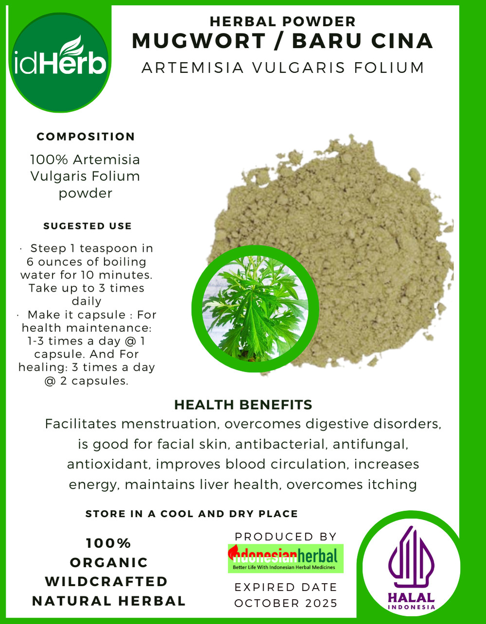 [idHerb] 50-500 gram Powder Mugwort Cronewort Artemisia Vulgaris Folium Organic