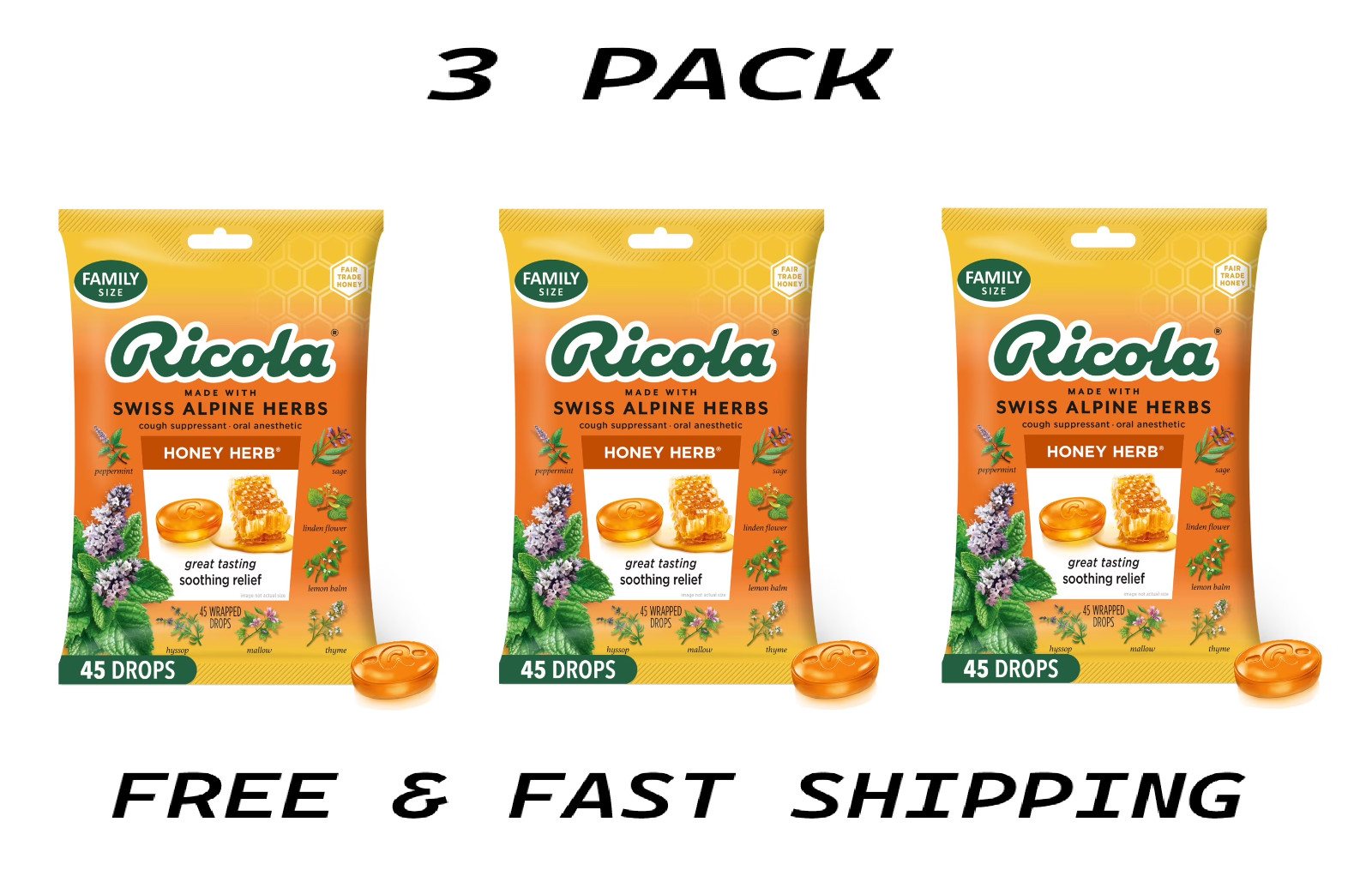 (3 PACK) Ricola Soothing Cough Drops, Throat Relief & Cough, Honey Herb, 45 Ct.