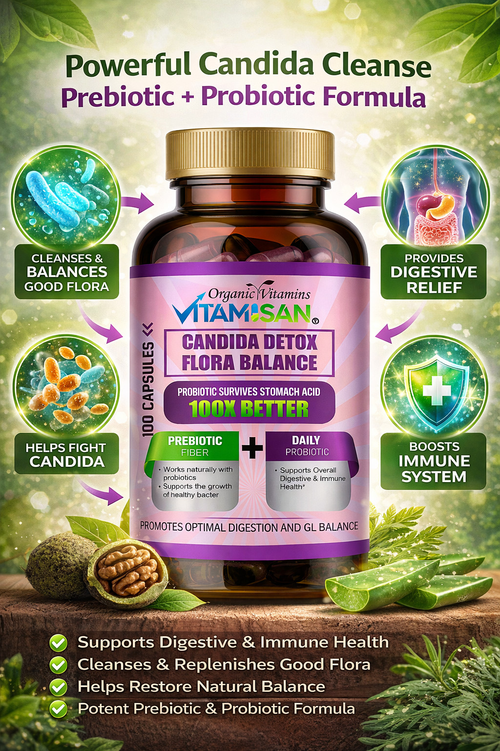 Candida Cleanse 100 Capsules Support Gut Colon Support Natural Herbs Intestinal