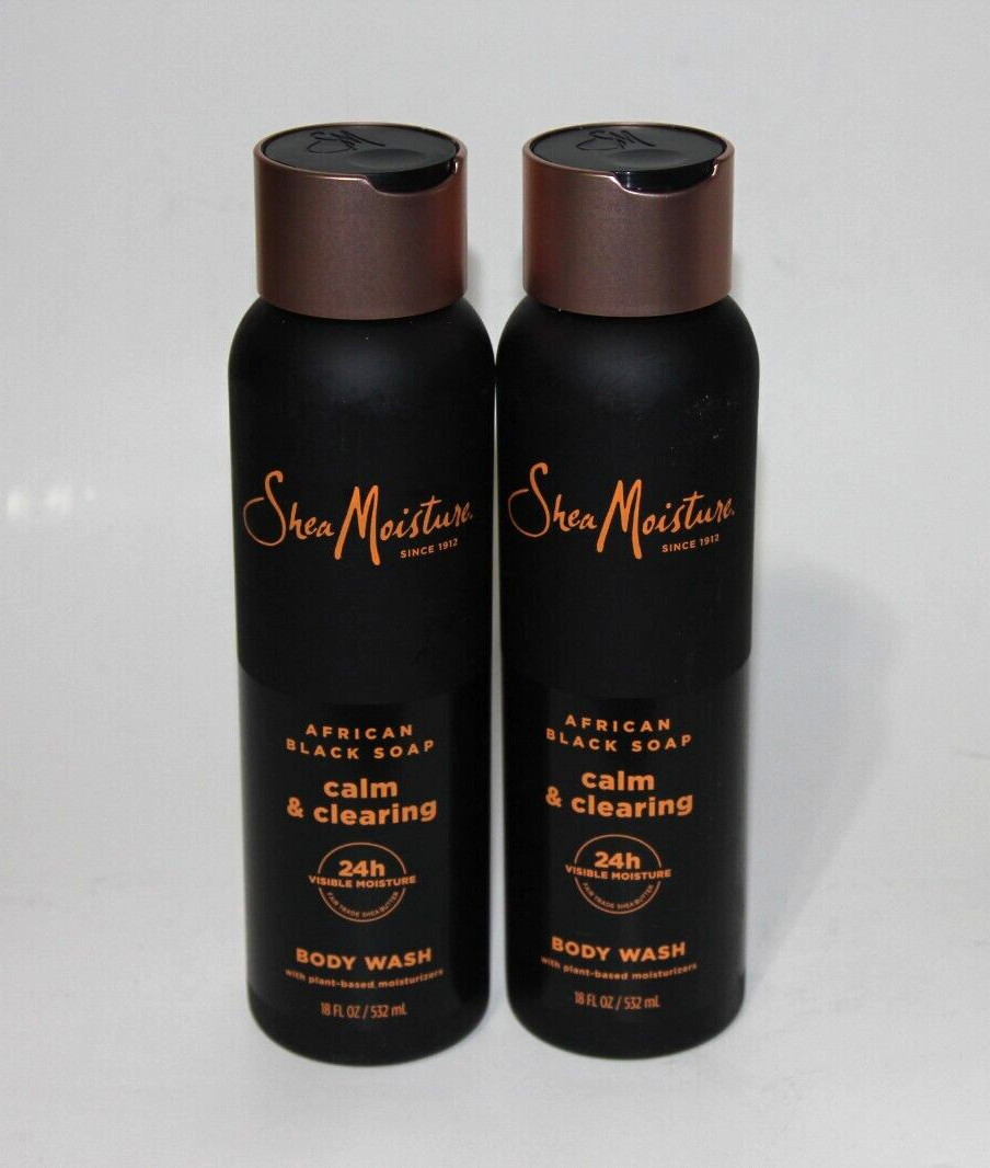 LOT (2) SHEA MOISTURE AFRICAN BLACK SOAP BODY WASH CALM & CLEARING 18 FL OZ