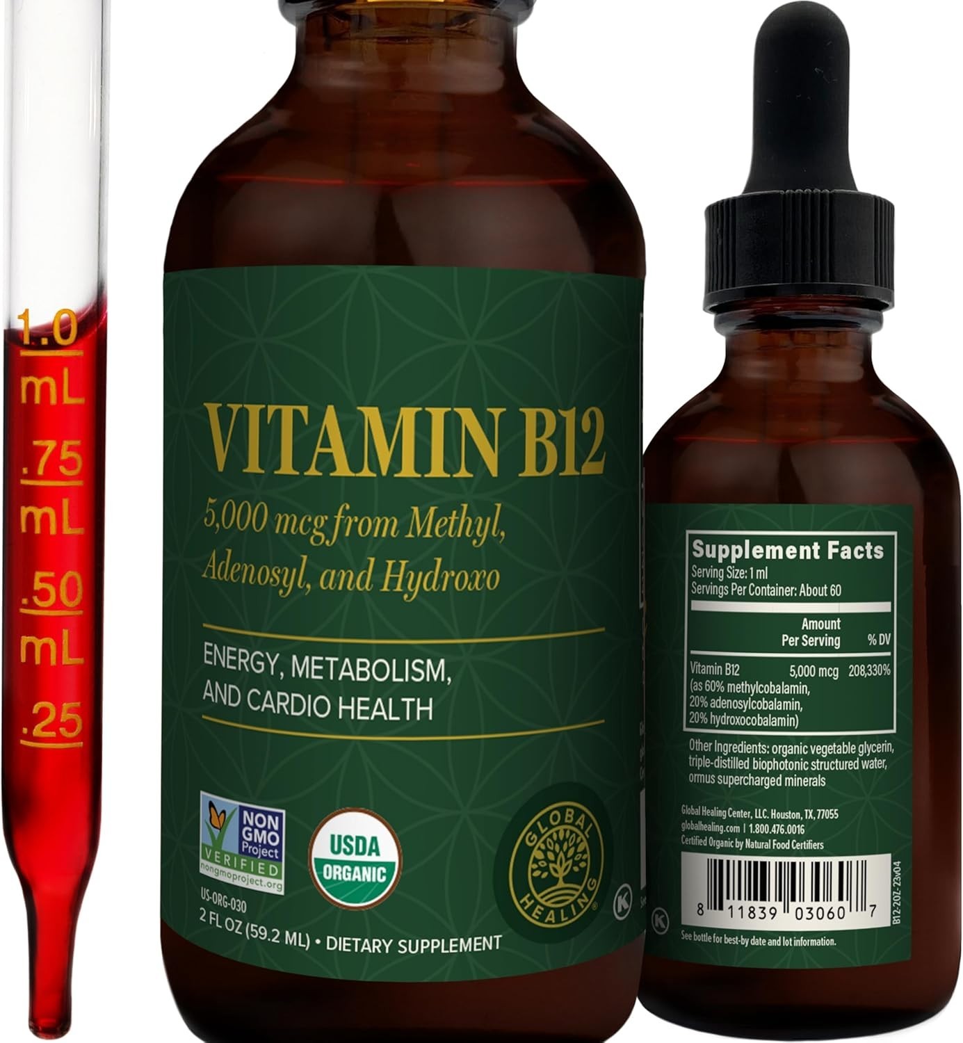 Global Healing Center B12 5000 mcg, 3-in-1 Organic 2oz EXP 10/27