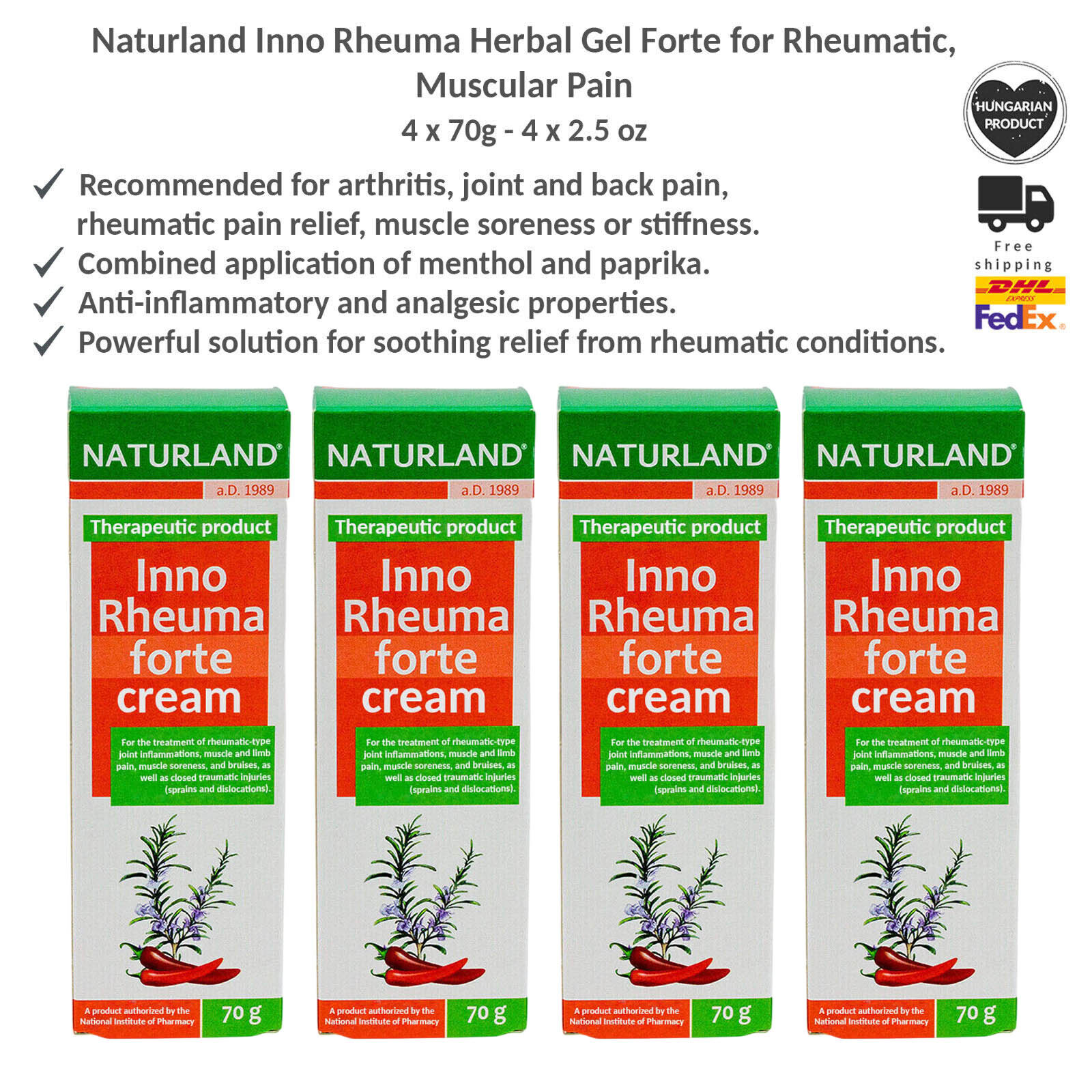 Naturland Inno Rheuma Herbal Gel Forte for Rheumatic, Muscular Pain 70g x 4