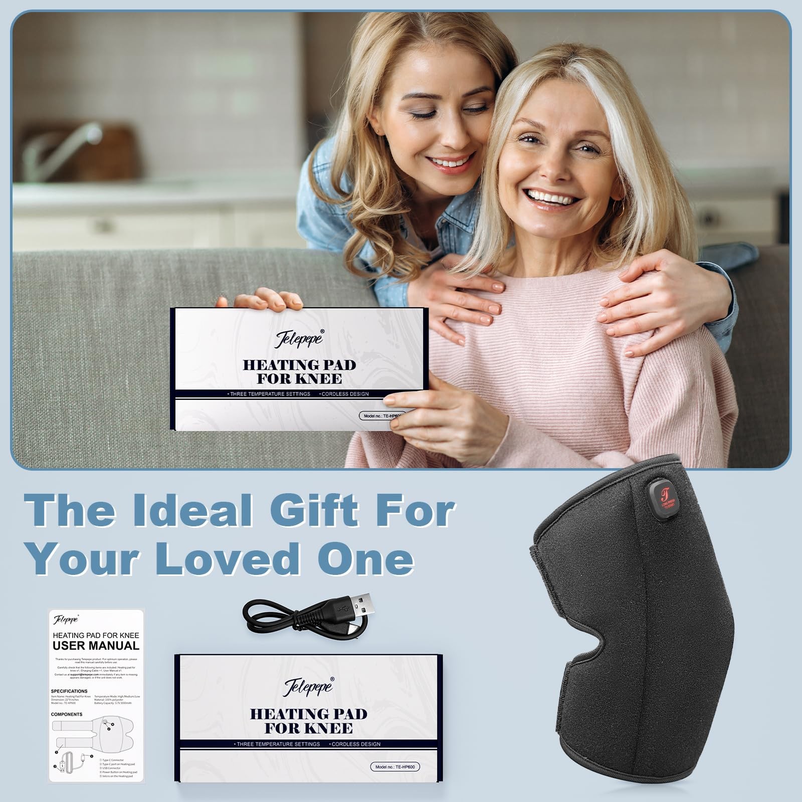 Cordless Heated Knee Brace, 3~Mode Knee Warmer, 3000mAh, Black