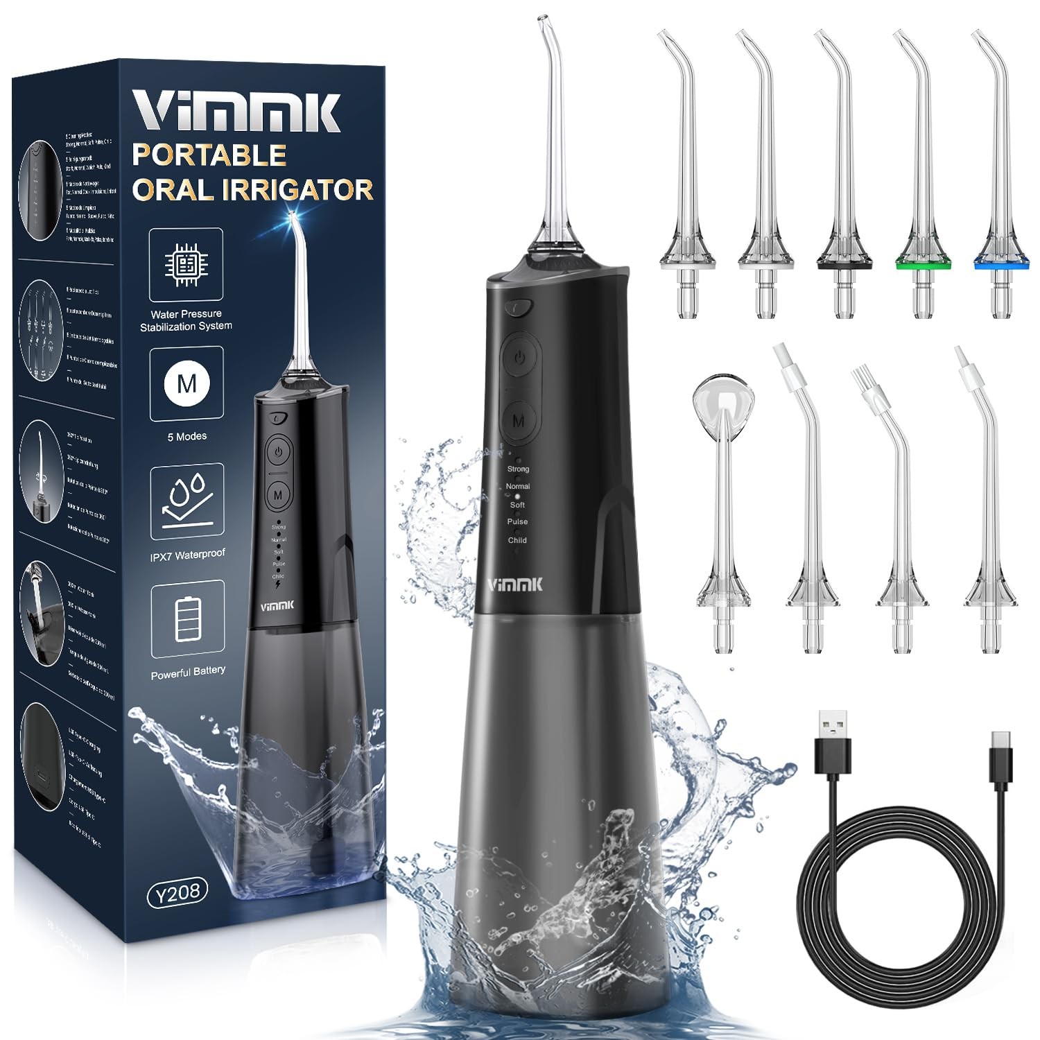 VIMMK Water Flosser, Cordless Dental 9 Jet Tips 5 Modes Black