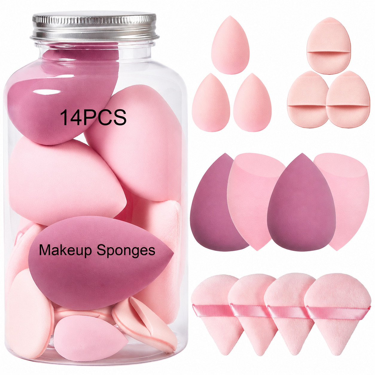 14 Piece Makeup Sponge Set Cosmetic Blender Sponges with Powder Puffs
