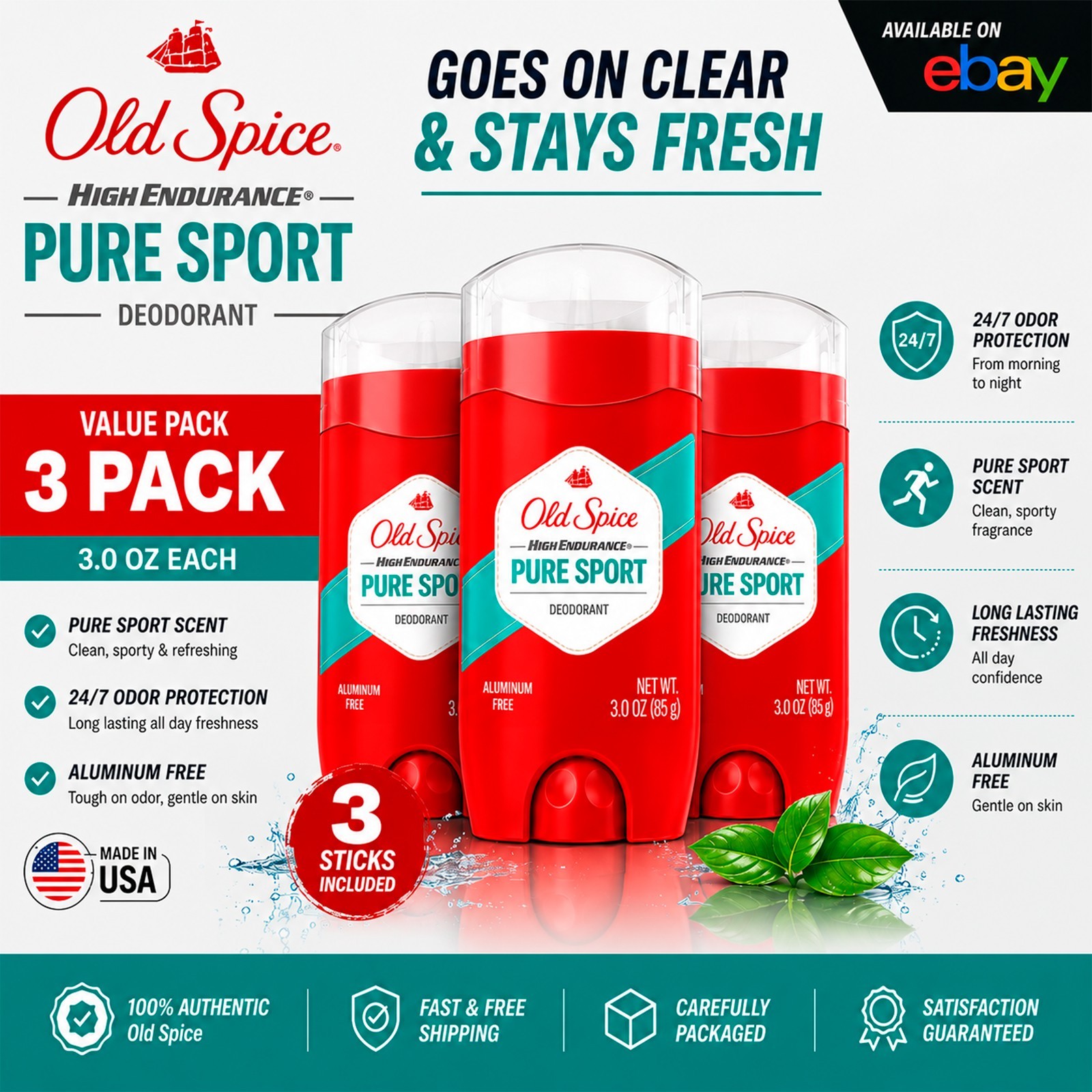 Old Spice High Endurance Pure Sport Deodorant for Men 3 Pack 3.0 oz Each