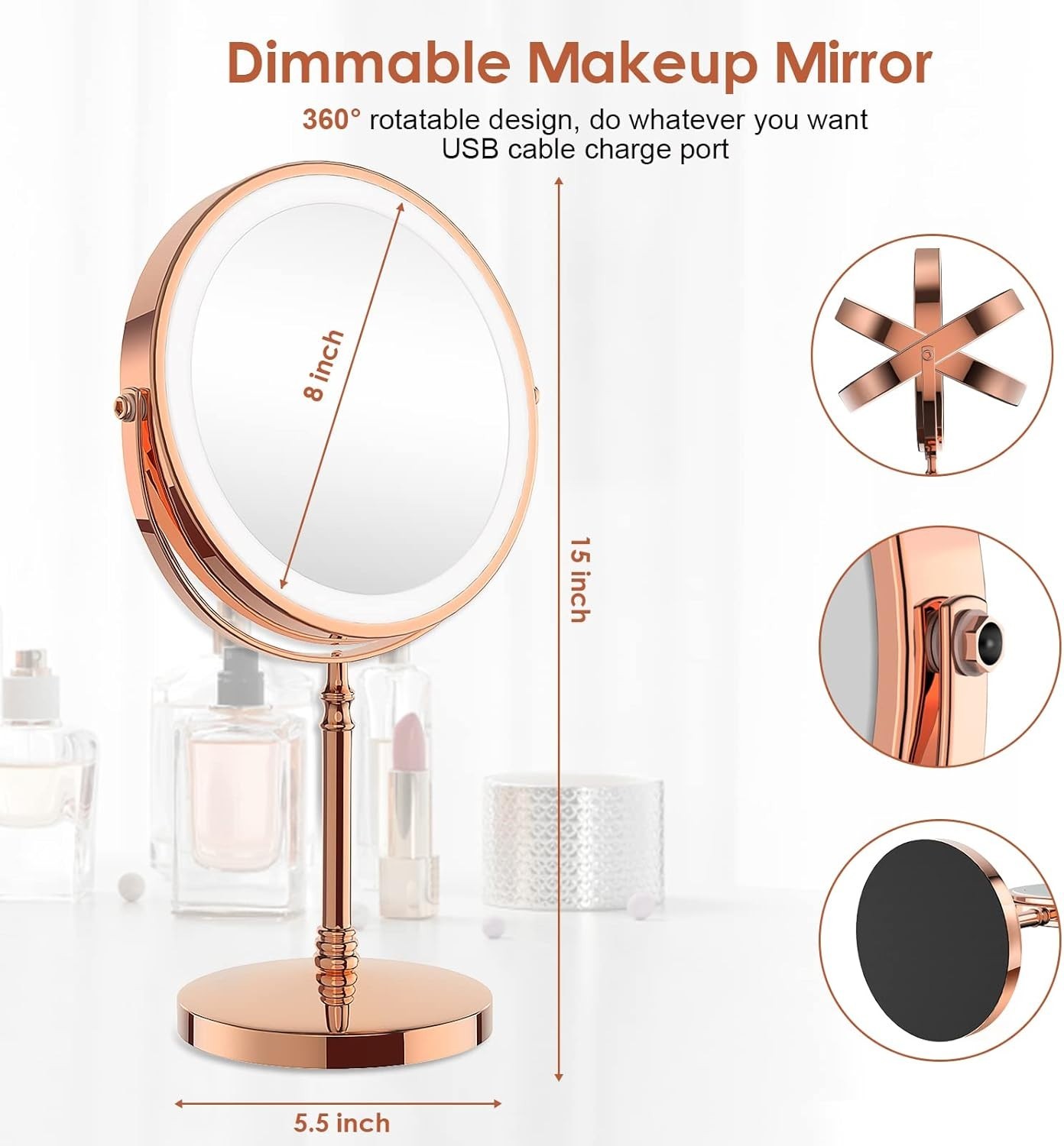 Makeup Mirror, 3000mAh Rechargeable Double-Sided Magnifying Vanity Mirror Gifts
