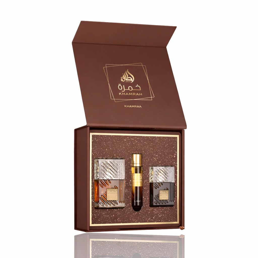 LATTAFA KHAMRAH QAHWA 3PC GIFT SET(EDP 3.4FL.OZ | 100ML, EDP 0.4FL.OZ
