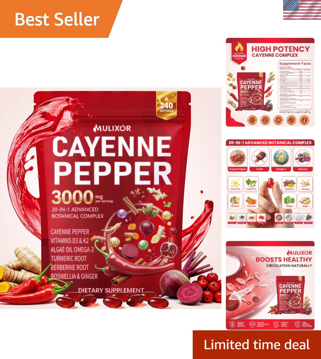 Gluten-Free Cayenne Pepper Softgels – 20-in-1 Metabolism & Circulation Support