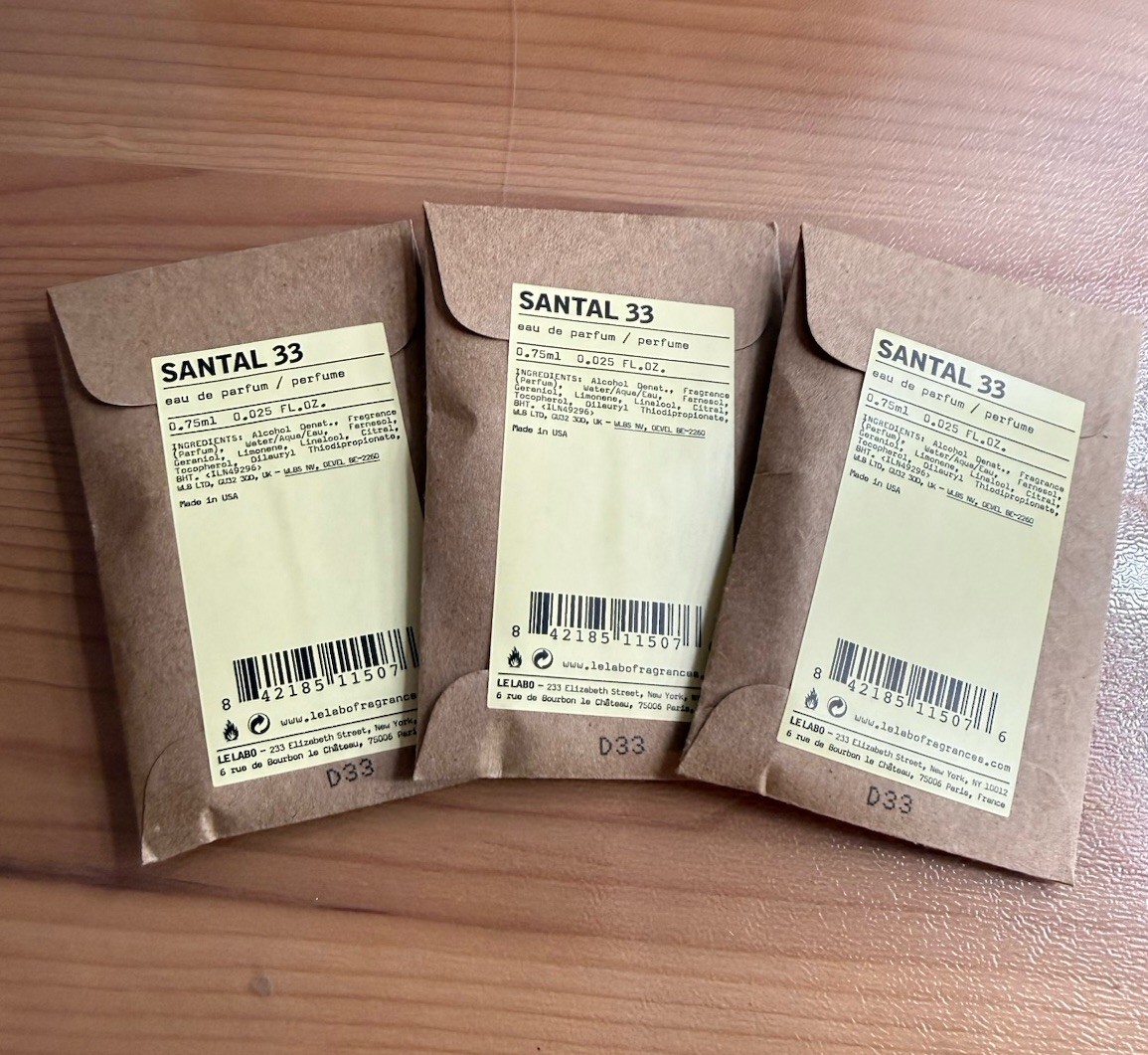 Le Labo Santal 33 Eau de Parfum 3 Sample Sizes 0.75 ml each Vial MPN SANTAL 33