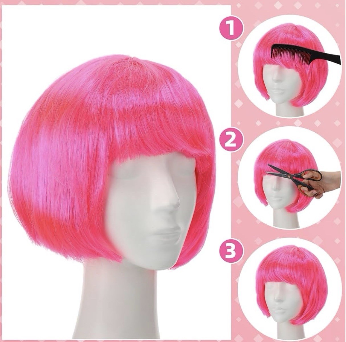 12 In/30cm Fashion Lady Short Straight Flat Bangs Bob Wig (NEON PINK)
