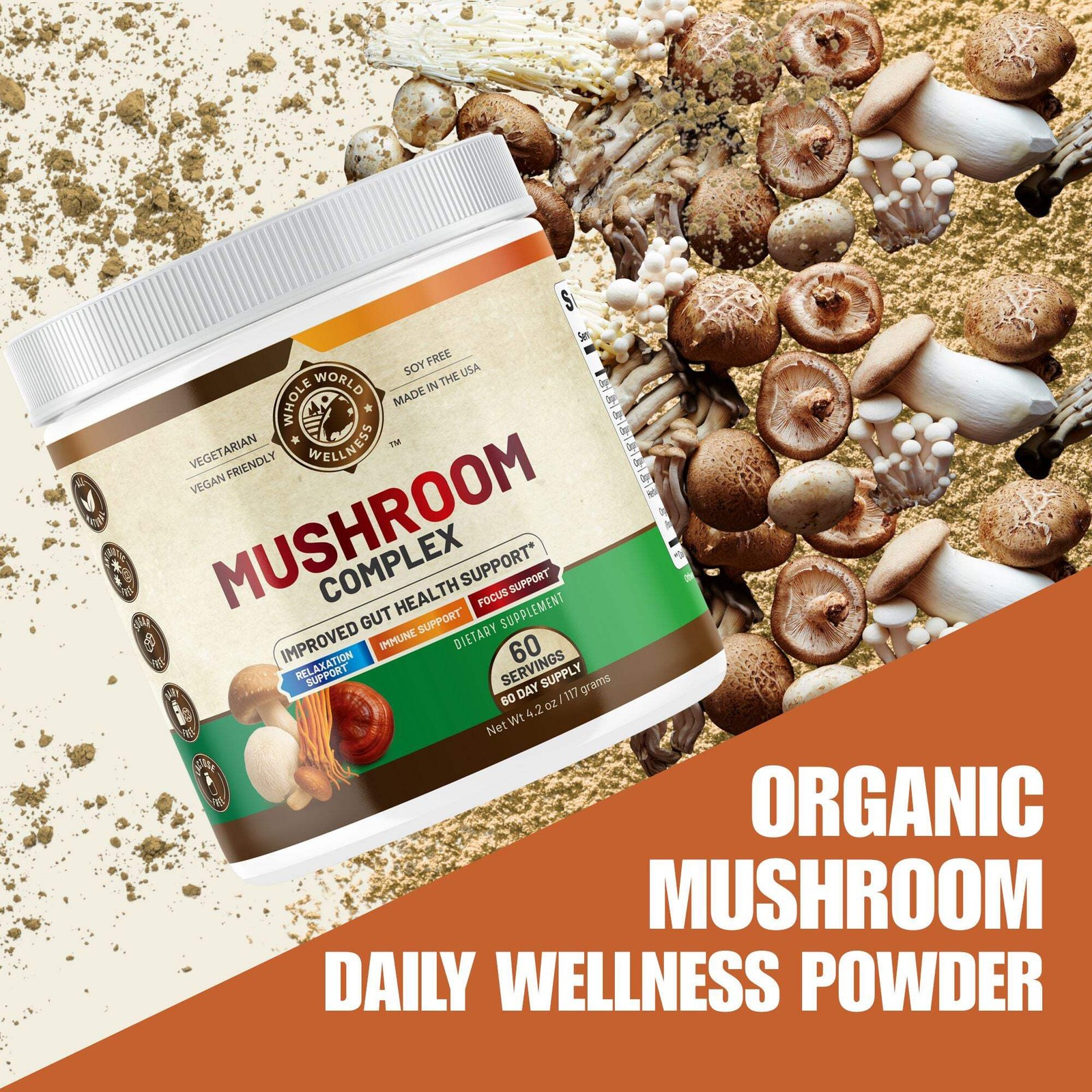 WHOLE WORLD WELLNESS Organic Mushroom Complex Powder Supplement. USA Made.