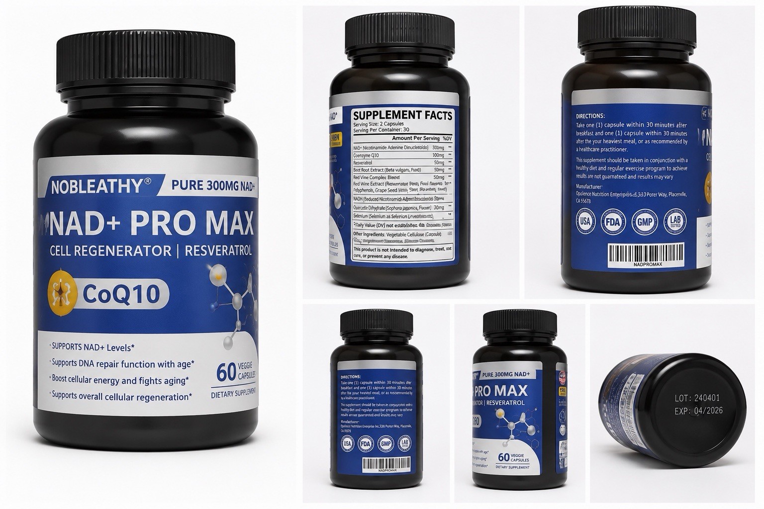 NOBLEATHY NAD+ PRO MAX 300mg Capsules w/ CoQ10 Resveratrol, 60 Vegetarian