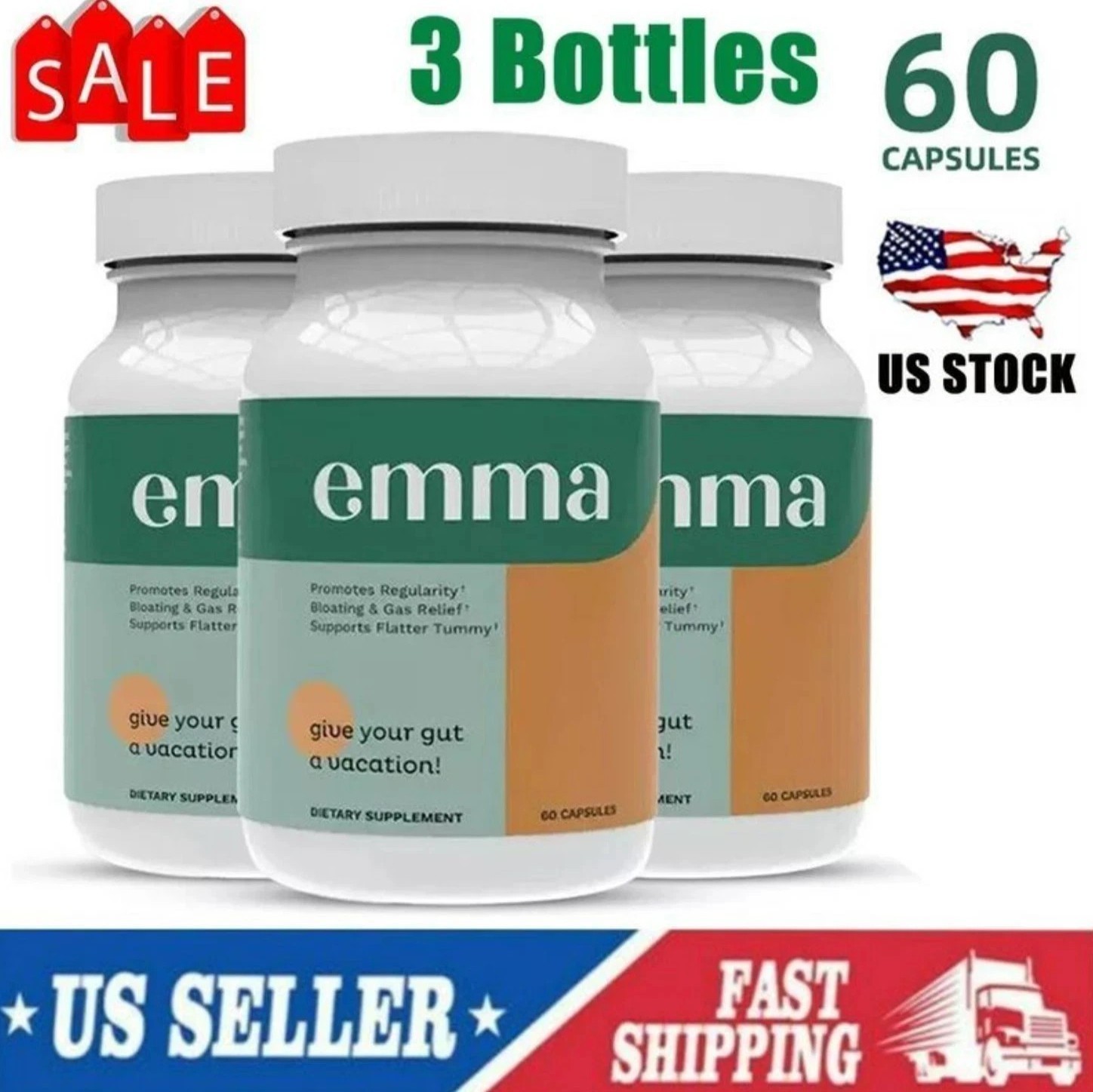 3 Pack Emma Gut Health Supplement 180 Capsules for Bloating Relief & Leaky Gut