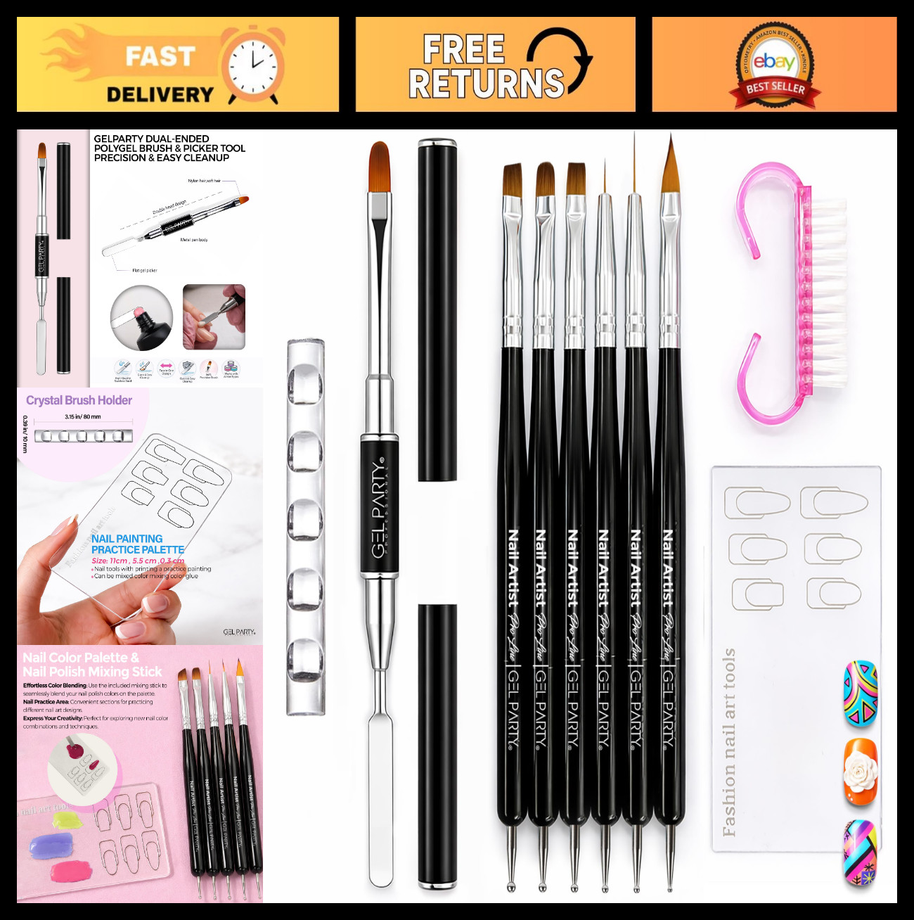 10 Pcs Dual-Ended Nail Art Brush Set – Gel, Dotting Pens, Palette & Tools for Sa