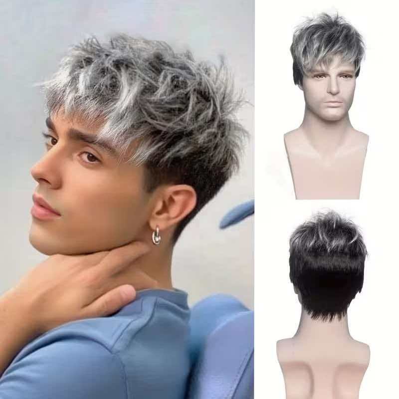 Men’s 6in Short Silver Gray Wig Full Cosplay Synthetic Heat Resistant