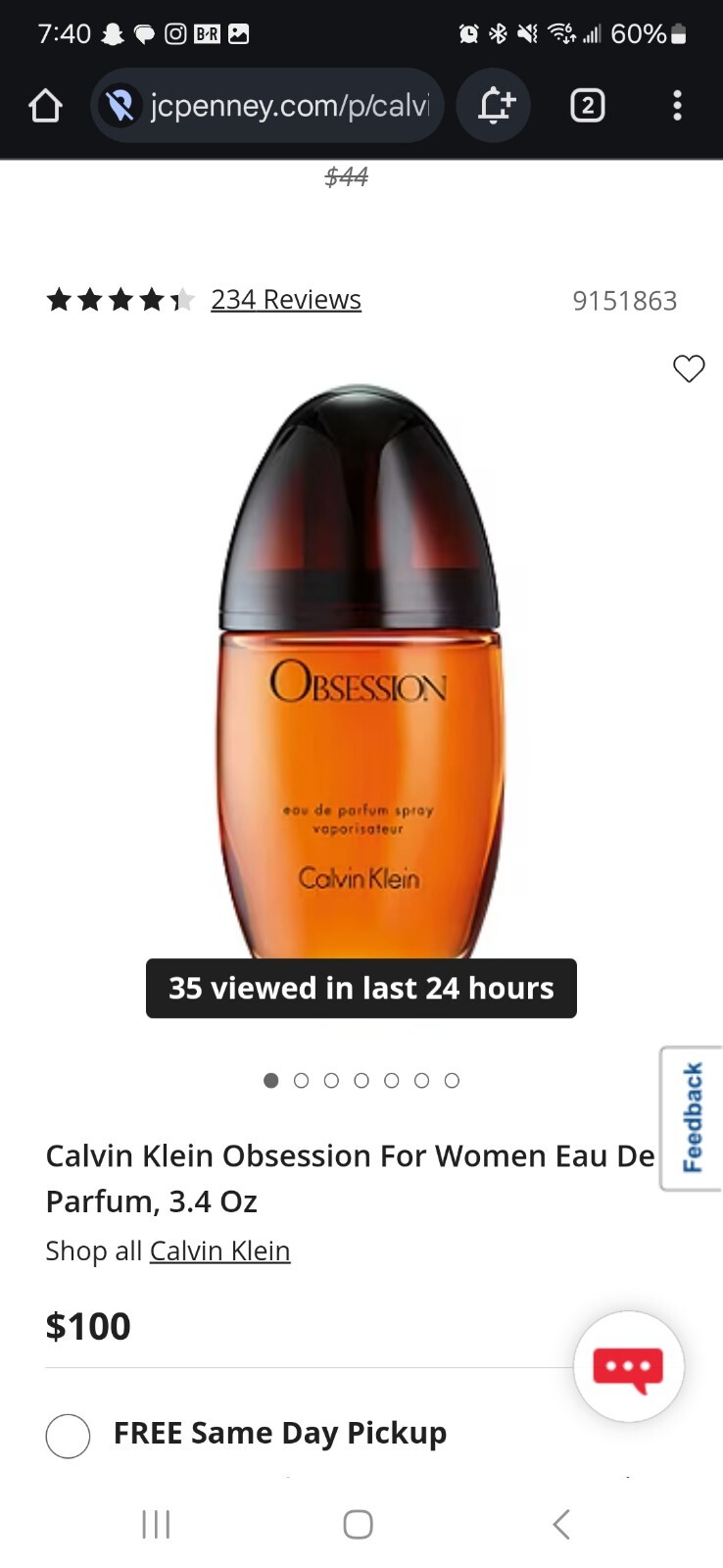 Calvin Klein Obsession 3.4 fl oz Women’s Eau de Parfum