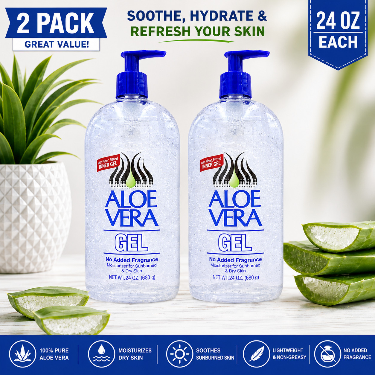 Aloe Vera Gel 24 oz Pump Bottle No Fragrance Moisturizer Skin Care 2 Pack 680g