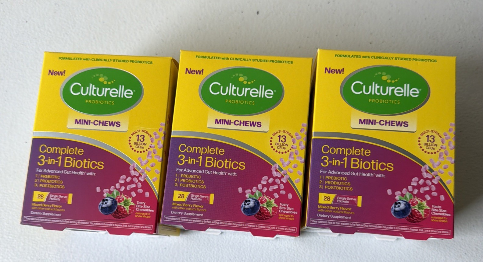 3 Pack Culturelle Mini-Chews Complete 3 in 1 Probiotic 28 Packets Exp 1/28