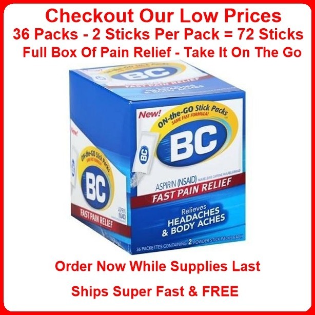 Full Box 36 Packs-2 Sticks Pack- BC On The Go Powder Sticks Aspirin Pain Relief