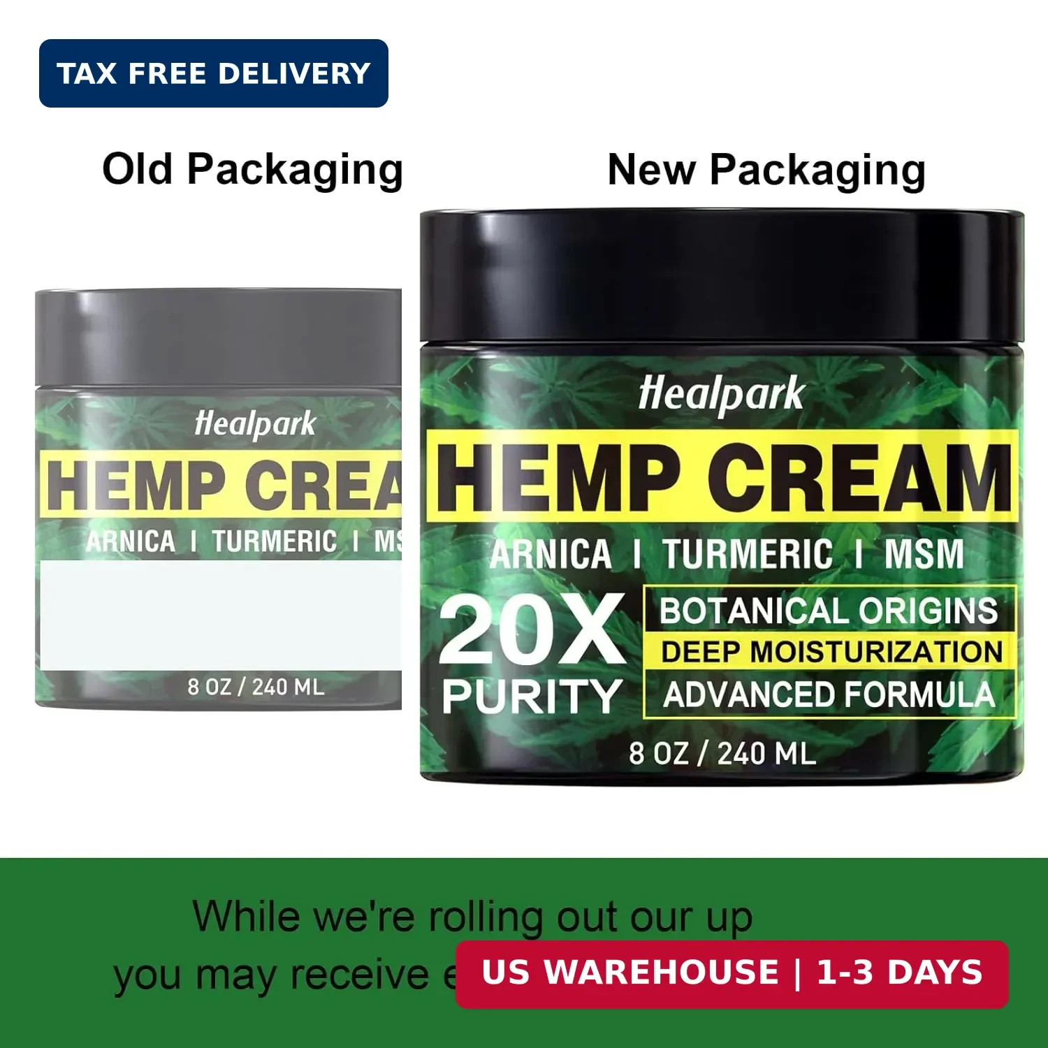 Healpark Hemp Cream 8 fl oz – Arnica,MSM, Turmeric, Emu Oil, Menthol, Aloe