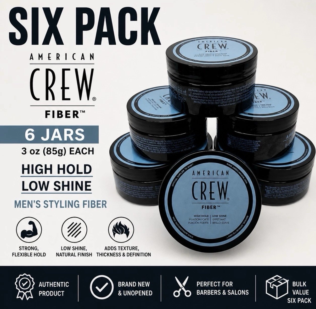 Pack of 6 American Crew Fiber 3oz 85g High Hold Low Shine Men’s Hair Pomade