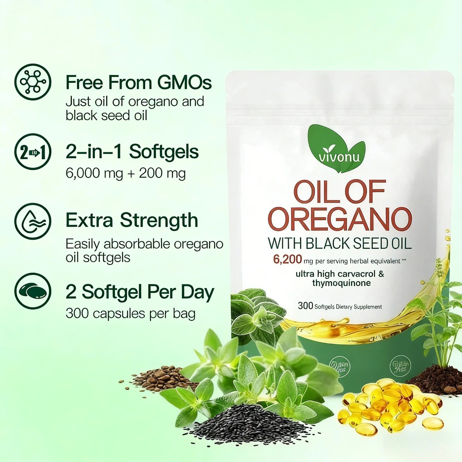 Powerful Synergy:Oregano Oil 6200mg with Black Seed Oil.Immune Boosting Capsules