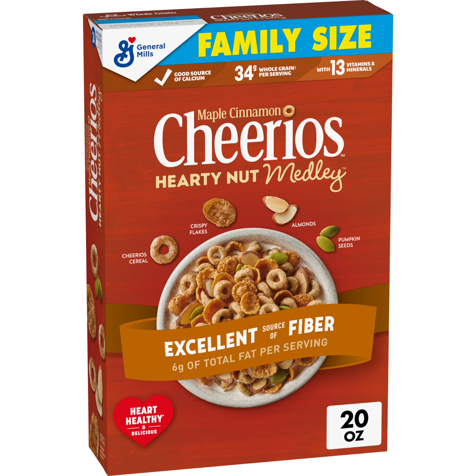 Cheerios Hearty Nut Medley Breakfast Cereal, Maple Cinnamon, Family Size, 20 oz
