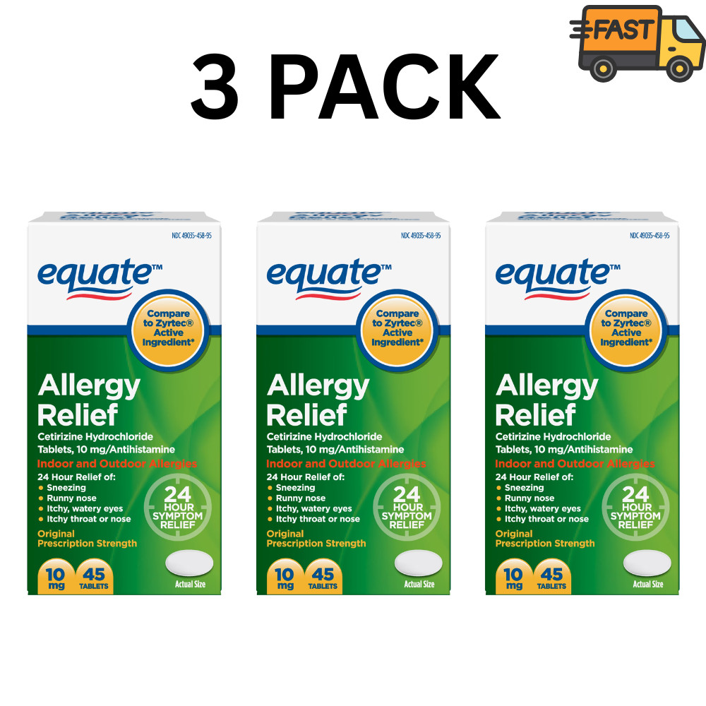 3 Pack Equate Cetirizine Hydrochloride 10 mg 45 Count Allergy Relief