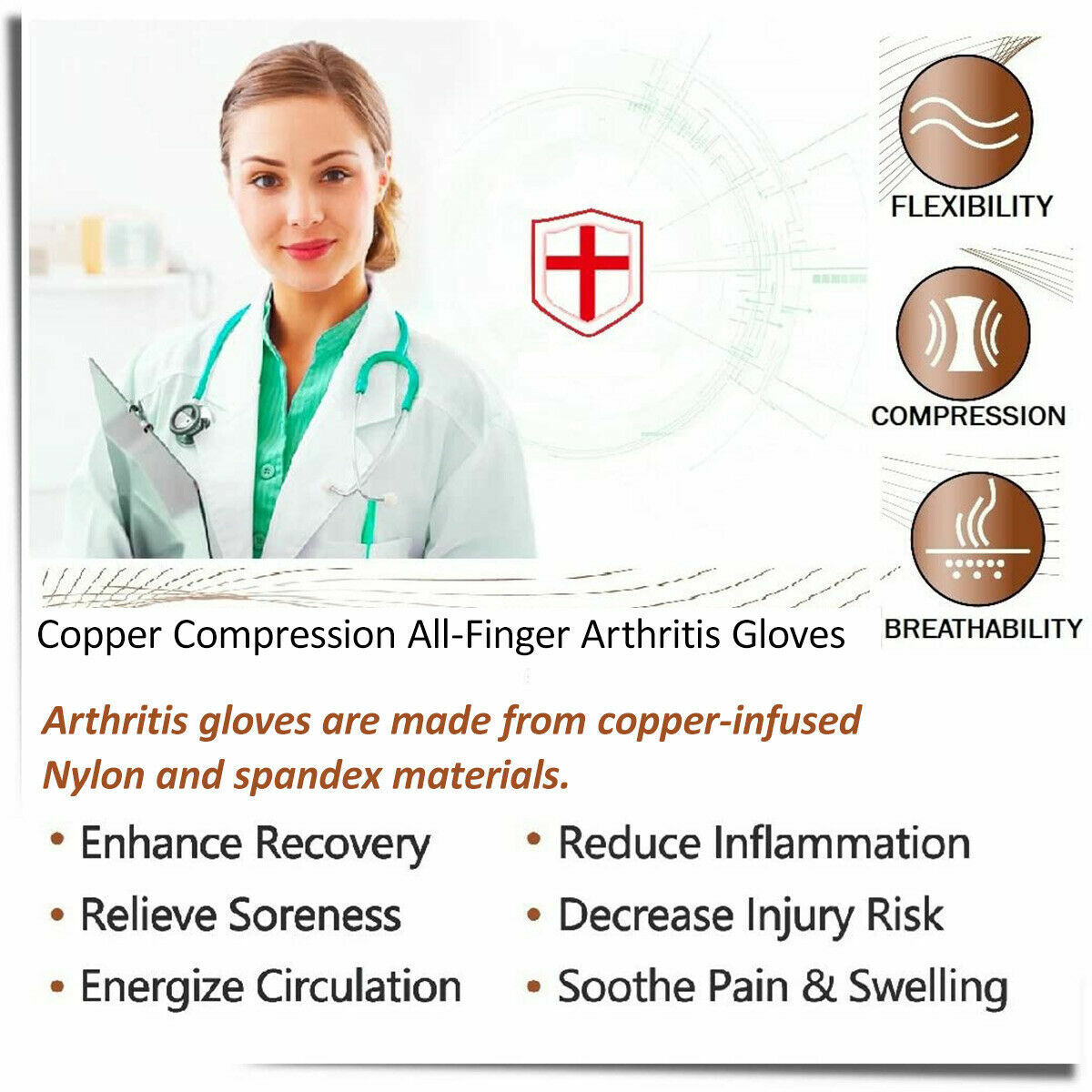 2Pairs Copper Infused Arthritis Compression Gloves Full Finger Joint Pain Relief