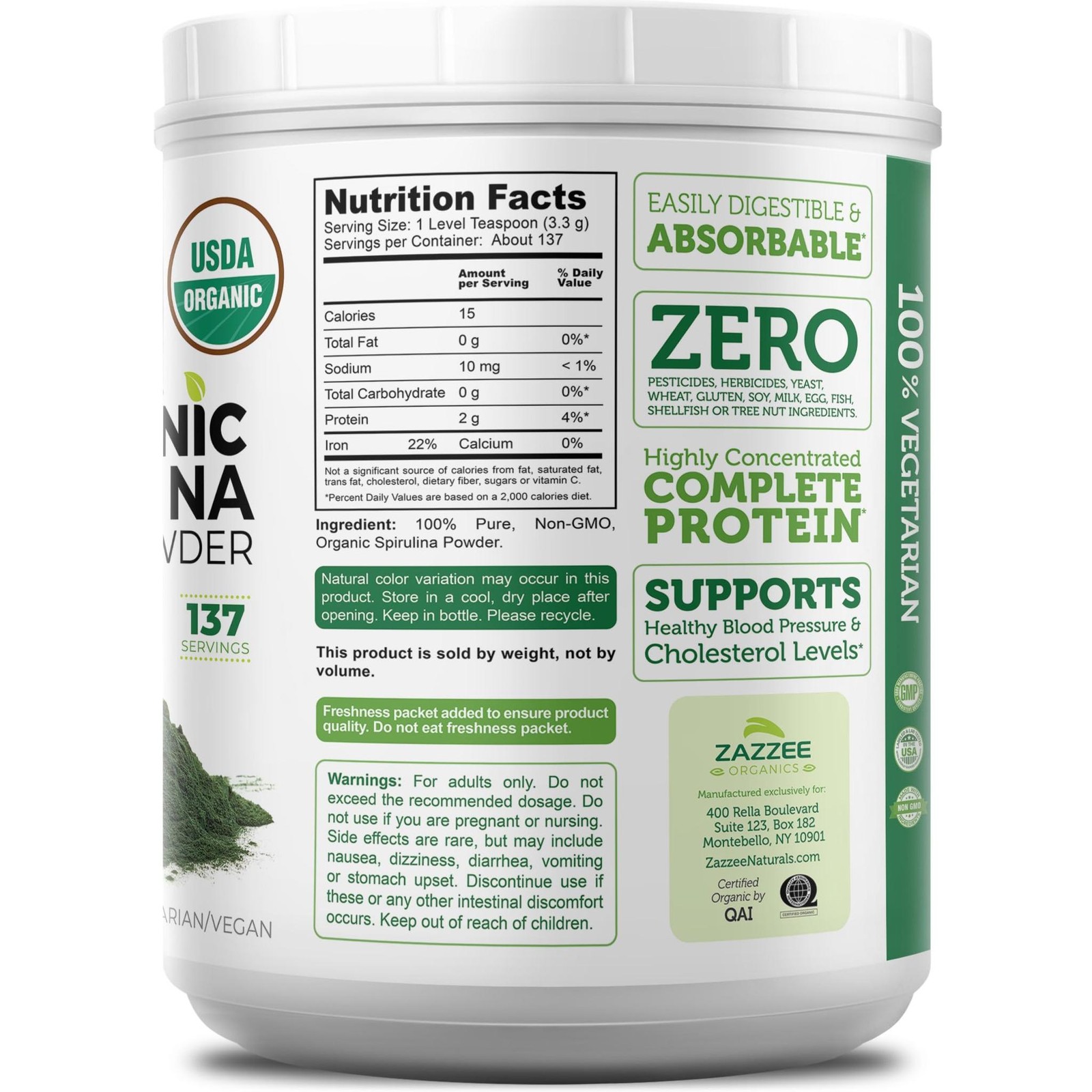 Zazzee USDA Organic Spirulina Powder, 16 Ounces (1 LB), 137 Servings, Kosher